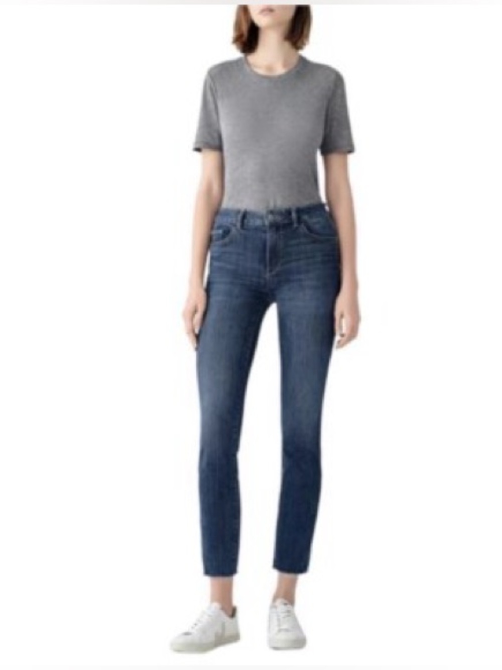 DL1961 Medium Blue Straight Leg Jeans with Raw Fringe Hem